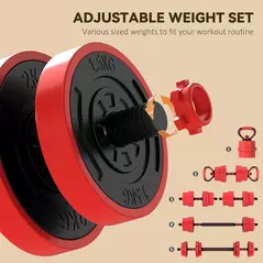 SPORTNOW 30kg 6-In-One Adjustable Weight Dumbbells Set, Barbell, Kettlebell, Push Up Stand - Red - 5