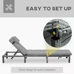 Outsunny Rattan Sun Lounger, 5-Level Adjustable Garden Lounger Recliner with Cushion and Headrest, Outdoor Reclining Sunbed, Steel Frame Garden Chair for Patio, Beach, Terrace, Dark Grey - 7