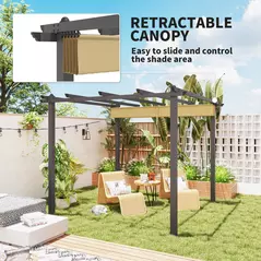 Outsunny 3 x 3m Aluminium Pergola, with Retractable Roof - Khaki - 4