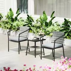 Outsunny 3 Pieces Rattan Bistro Set with Cushions, Wicker Garden Furniture Set, Glass Top Coffee Table and Chairs for Outdoor Patio, Balcony, Terrace and Conservatory, Grey - 7