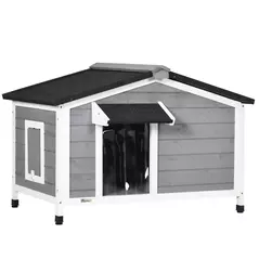 PawHut Wooden Dog Kennel for Outside, for Medium Dogs, 65H x 97L x 72Wcm, Grey - 1