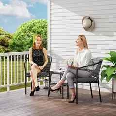 Outsunny 3 Pieces Rattan Bistro Set with Cushions, Wicker Garden Furniture Set, Glass Top Coffee Table and Chairs for Outdoor Patio, Balcony, Terrace and Conservatory, Grey - 2