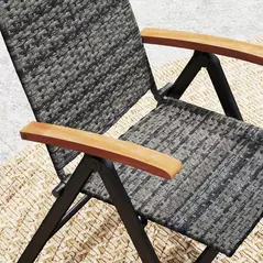 Outsunny Folding Rattan Garden Dining Chair with 5-level Reclining High Back, Wood Armrests for Outdoor, Patio - Mixed-grey - 8