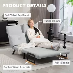HOMCOM 4-in-1 Velvet-Feel Double Sofa Bed, with Pillows - Light Grey - 6