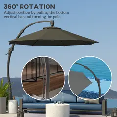 Outsunny 3(m) Garden Cantilever Parasol, Round Overhanging Umbrella with Crank Handle, Cross Base, Aluminium Frame and 360° Rotation, Banana Patio Umbrella for Outdoor Sun Shade, Grey - 5