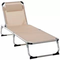 Outsunny Foldable Outdoor Sun Lounger, Reclining Lounge Chair Camping Bed Cot with Pillow 4-Level Adjustable Back Aluminium Frame, Khaki - 1