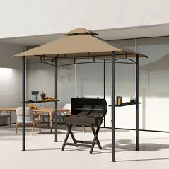 Outsunny 2.5x1.5m (8'x5') Grill Gazebo Canopy, Double Tiered Outdoor BBQ Gazebo Shelter with 2 Side Shelves for Garden, Patio, Barbecue, Picnic, Khaki - 8