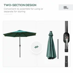Outsunny 2.7m Patio Garden Umbrella Outdoor Parasol with Tilt Crank and 24 LEDs Lights (Green) - 8
