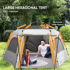 Outsunny Instant Pop Up Camping Tent, 2/3/4 Person Easy Setup Dome Family Tent with Vestibule, Rainfly, 4 Mesh Windows & 2 Doors, Hexagonal Design, Waterproof & UV Protected, Light Grey - 5