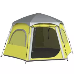 Outsunny Instant Pop Up Camping Tent, 2/3/4 Person Easy Setup Dome Family Tent with Vestibule, Rainfly, 4 Mesh Windows & 2 Doors, Hexagonal Design, Waterproof & UV Protected, Yellow Green - 1