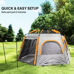 Outsunny Instant Pop Up Camping Tent, 2/3/4 Person Easy Setup Dome Family Tent with Vestibule, Rainfly, 4 Mesh Windows & 2 Doors, Hexagonal Design, Waterproof & UV Protected, Light Grey - 4