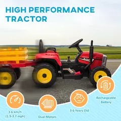 HOMCOM Ride On Tractor, Battery Powered Electric Car, with Detachable Trailer, Remote Control, Music - Red - 8