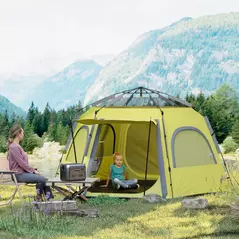 Outsunny Instant Pop Up Camping Tent, 2/3/4 Person Easy Setup Dome Family Tent with Vestibule, Rainfly, 4 Mesh Windows & 2 Doors, Hexagonal Design, Waterproof & UV Protected, Yellow Green - 2