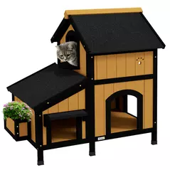 PawHut Wooden Cat House with Flower Pot, Windows, Multiple Entrances, Water-Resistant Roof for Outdoor - Yellow - 1
