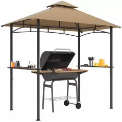 Outsunny 2.5x1.5m (8'x5') Grill Gazebo Canopy, Double Tiered Outdoor BBQ Gazebo Shelter with 2 Side Shelves for Garden, Patio, Barbecue, Picnic, Khaki - 1