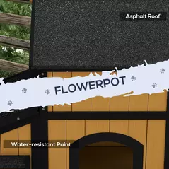 PawHut Wooden Cat House with Flower Pot, Windows, Multiple Entrances, Water-Resistant Roof for Outdoor - Yellow - 6