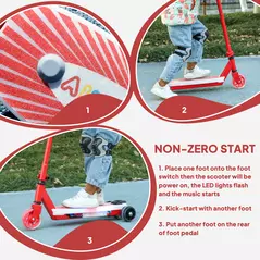 AIYAPLAY Electric Scooter for Kids Aged 4-7 Years, with Flashing LED Lights, Rear Auxiliary Wheels, Red - 6