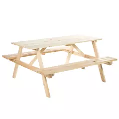 Outsunny 6 Seater Wooden Picnic Table Bench for Outdoor Garden or Patio with Parasol Cutout 150 cm Natural Wood Finish - 1