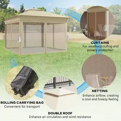 Outsunny 3.36 x 3.36m Pop Up Gazebo Party Tent with Solar-Powered LED Lights, Adjustable Event Shelter with Netting, Khaki - 5