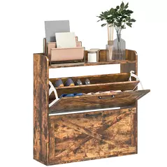 HOMCOM Two Flip Drawer Narrow Shoe Cabinet with Adjustable Shelves - Rustic Brown - 1