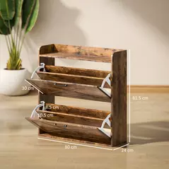 HOMCOM Two Flip Drawer Narrow Shoe Cabinet with Adjustable Shelves - Rustic Brown - 3