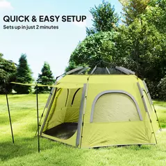 Outsunny Instant Pop Up Camping Tent, 2/3/4 Person Easy Setup Dome Family Tent with Vestibule, Rainfly, 4 Mesh Windows & 2 Doors, Hexagonal Design, Waterproof & UV Protected, Yellow Green - 4