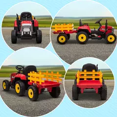 HOMCOM Ride On Tractor, Battery Powered Electric Car, with Detachable Trailer, Remote Control, Music - Red - 9
