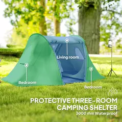 Outsunny 3 Man Camping Tent with Living Area and 2 Bedrooms, 3000mm Waterproof Family Tent with Sewn-in Groundsheet and bag, Portable Dome Shelter  for Hiking, Festival, Backpacking, Green - 4