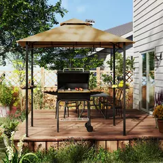 Outsunny 2.5x1.5m (8'x5') Grill Gazebo Canopy, Double Tiered Outdoor BBQ Gazebo Shelter with 2 Side Shelves for Garden, Patio, Barbecue, Picnic, Khaki - 7