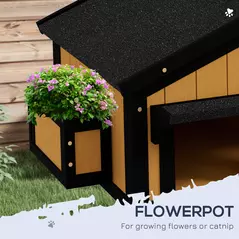 PawHut Wooden Cat House with Flower Pot, Windows, Multiple Entrances, Water-Resistant Roof for Outdoor - Yellow - 5