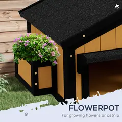 PawHut Wooden Cat House with Flower Pot, Windows, Multiple Entrances, Water-Resistant Roof for Outdoor - Yellow - 5