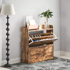 HOMCOM Two Flip Drawer Narrow Shoe Cabinet with Adjustable Shelves - Rustic Brown - 2