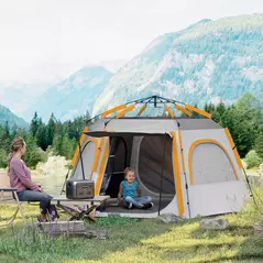 Outsunny Instant Pop Up Camping Tent, 2/3/4 Person Easy Setup Dome Family Tent with Vestibule, Rainfly, 4 Mesh Windows & 2 Doors, Hexagonal Design, Waterproof & UV Protected, Light Grey - 2