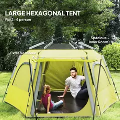 Outsunny Instant Pop Up Camping Tent, 2/3/4 Person Easy Setup Dome Family Tent with Vestibule, Rainfly, 4 Mesh Windows & 2 Doors, Hexagonal Design, Waterproof & UV Protected, Yellow Green - 5