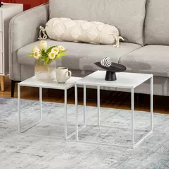 HOMCOM Square Nesting Coffee Table Set of 2, Modern Nest of Tables, Sofa Side Tables with Steel Frame for Living Room, Bedroom, Small Space, White - 2