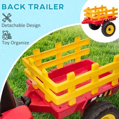 HOMCOM Ride On Tractor, Battery Powered Electric Car, with Detachable Trailer, Remote Control, Music - Red - 4