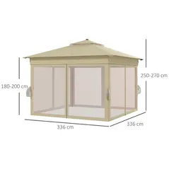 Outsunny 3.36 x 3.36m Pop Up Gazebo Party Tent with Solar-Powered LED Lights, Adjustable Event Shelter with Netting, Khaki - 3