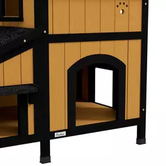 PawHut Wooden Cat House with Flower Pot, Windows, Multiple Entrances, Water-Resistant Roof for Outdoor - Yellow - 9