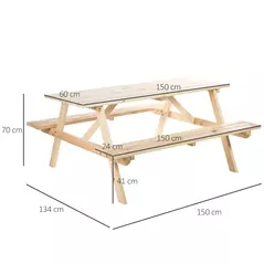 Outsunny 6 Seater Wooden Picnic Table Bench for Outdoor Garden or Patio with Parasol Cutout 150 cm Natural Wood Finish - 3