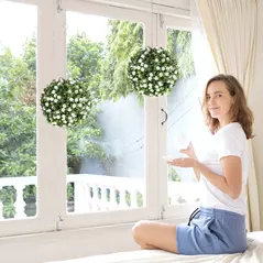 HOMCOM Set of 2 Decorative Artificial Plants, UV-protected Artificial Plant Topiary Rose Balls, Fake Plants for Home Indoor outdoor Decor, 28cm, White - 7