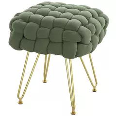 HOMCOM Velvet-Feel Bold Woven Footstool - Green - 1