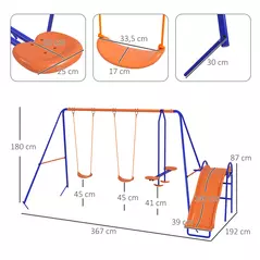 Outsunny Four-In-One Metal Garden Swing Set, with Double Swings, Glider, Slider, Ladder - Orange and Blue - 3