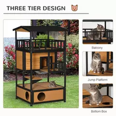 PawHut Wooden Outdoor Cat House, 3-Tier Cat Shelter with Tilted Roof, Terrace, Jump Step, Bottom Tray and Elevated Base, Waterproof Paint, Yellow - 4