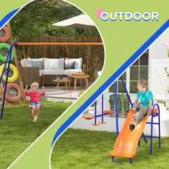 Outsunny Four-In-One Metal Garden Swing Set, with Double Swings, Glider, Slider, Ladder - Orange and Blue - 6