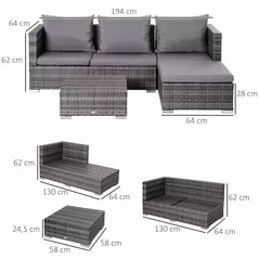 Outsunny 3PC Rattan Garden Furniture Storage Sofa Set 4 Seater Wicker Coffee Table Conservatory Sun Lounger Reclining Set Outdoor Weave with Cushion Grey - 3