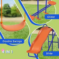 Outsunny Four-In-One Metal Garden Swing Set, with Double Swings, Glider, Slider, Ladder - Orange and Blue - 5