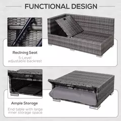 Outsunny 3PC Rattan Garden Furniture Storage Sofa Set 4 Seater Wicker Coffee Table Conservatory Sun Lounger Reclining Set Outdoor Weave with Cushion Grey - 6
