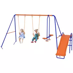 Outsunny Four-In-One Metal Garden Swing Set, with Double Swings, Glider, Slider, Ladder - Orange and Blue - 1