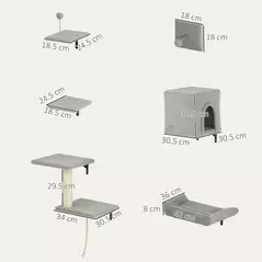 PawHut 6-Piece Cat Wall Shelves Set with Condo, Cat Wall Furniture with Platforms, Sisal Scratching Post, Bed, Toy Ball, Grey - 3