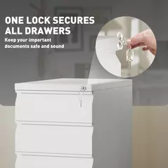Vinsetto 3-Drawer Steel Filing Cabinet with Lock and Wheels - White - 6